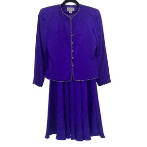 Papell Too Petites Vintage 100% Silk Jacket & Skirt Set Purple Size 6